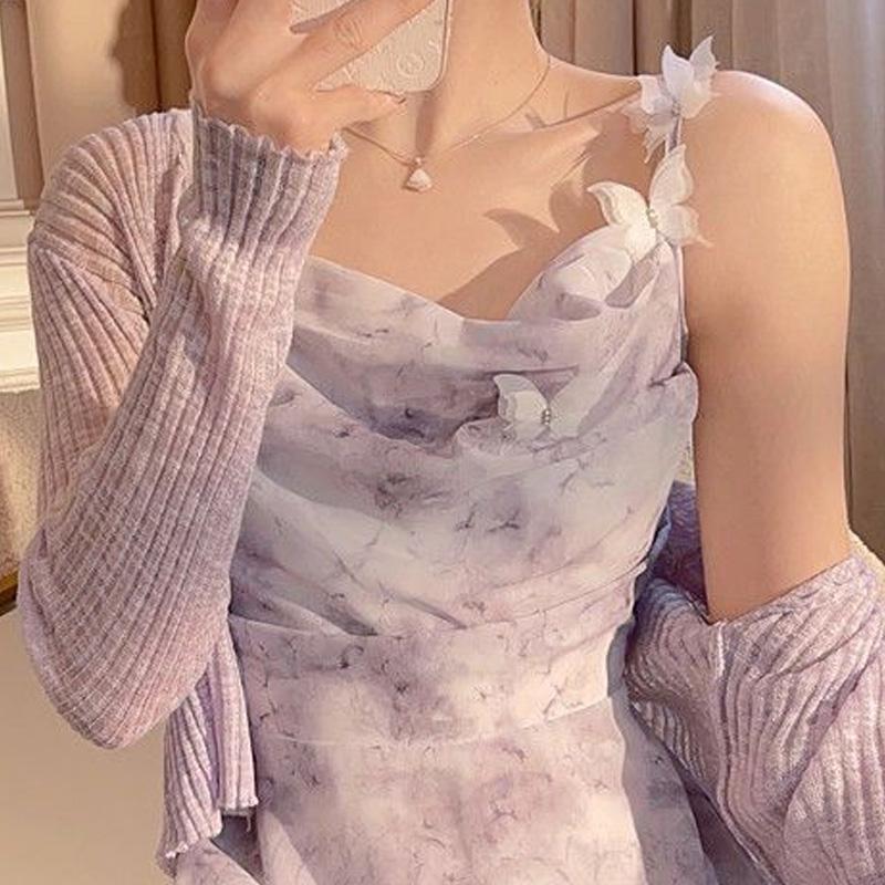 Летнее новое платье с вырезом на плече, на бретелях, элегантное платье без рукавов, женское милое платье макси с бабочками, однотонный кардиган в рубчик