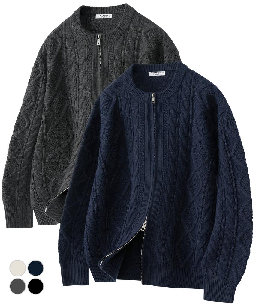 UNTAPPED STUDIO Oversized 2-Way Aran Cable Round Zip-Up Knit Cardigan 5 Colors