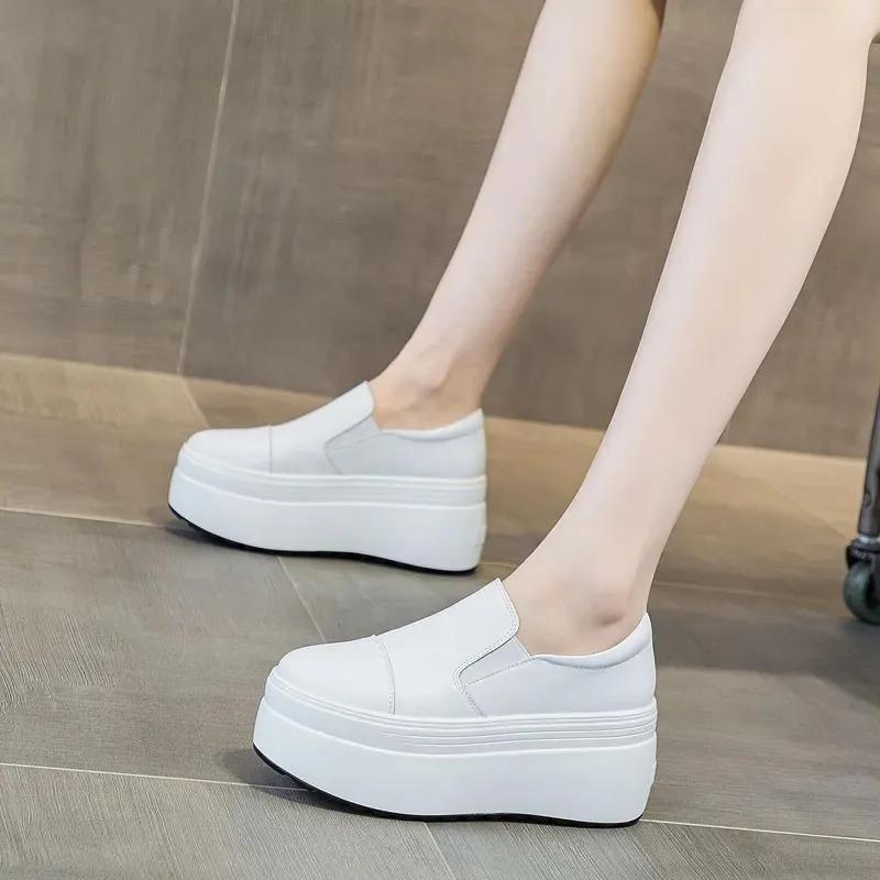 Fashion 8CM Casual Shoes Women's New Platform Heel Women Round Toe 2024 White Shoes Fashion Breathable Thick Bottom Slip Loafers Women
