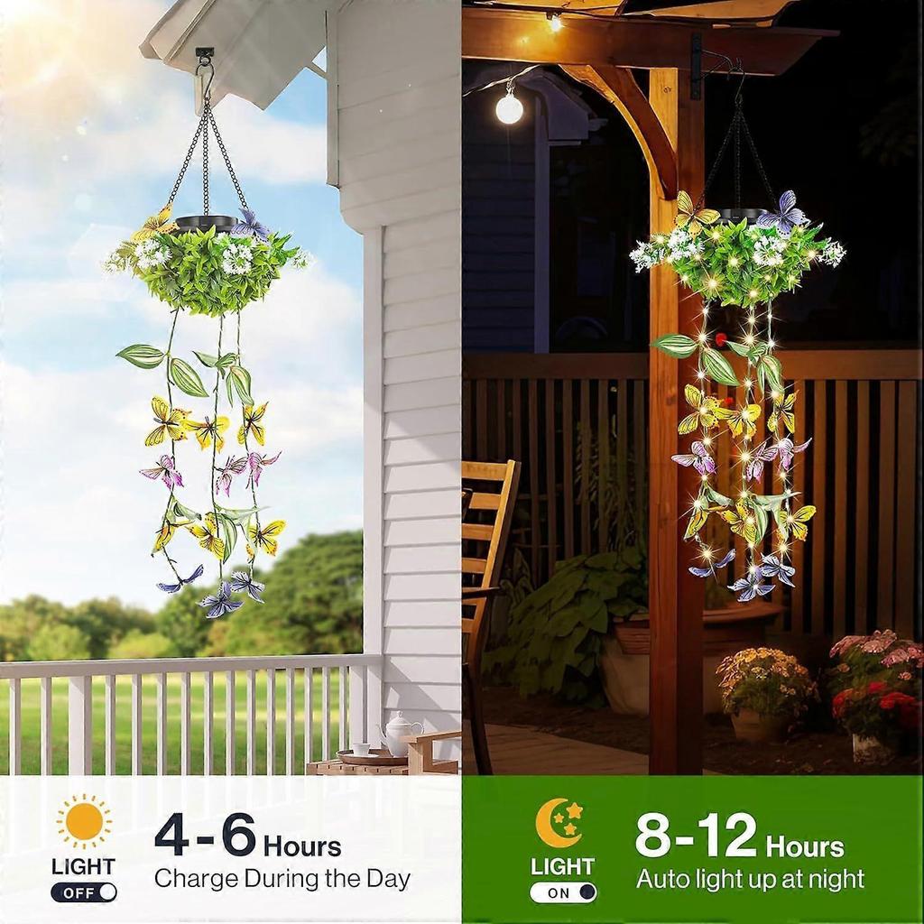 Colorful Solar Butterfly Lights for Spring & Summer Garden, 2 Pack Hanging Lights with Fluttering Butterflies & Flowers, IP65 Waterproof Outdoor Ivy S