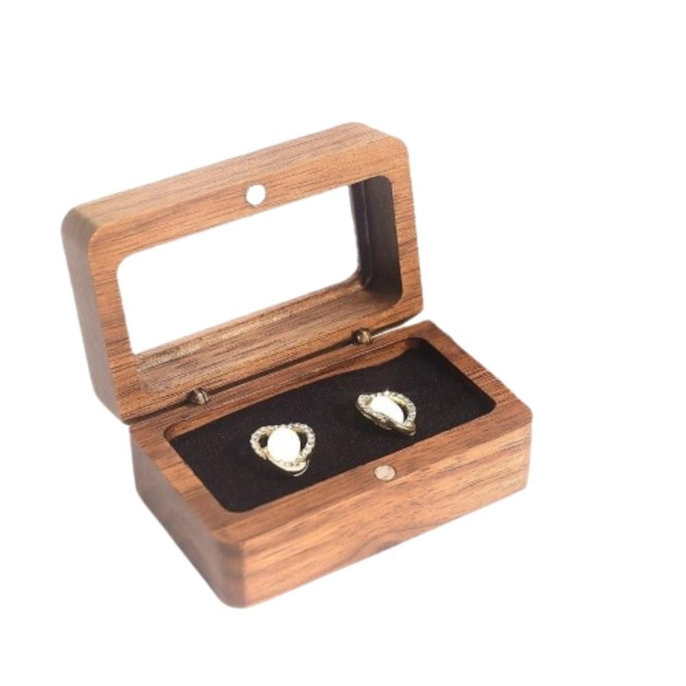 Double Slot Wooden Ring Box Rectangular Dustproof Black Walnut Cufflinks Box Exquisite Opening Window Jewelry Ring Holder