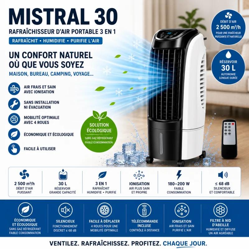 Rafraîchisseur D'air Portable 3 En 1 - Ionisation - Réservoir 30 L