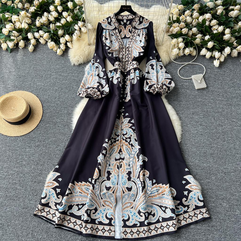 Элегантное длинное платье во французском стиле ретро, женские вечерние платья в придворном стиле с принтом пейсли, женские тонкие длинные платья трапециевидной формы с v-образным вырезом