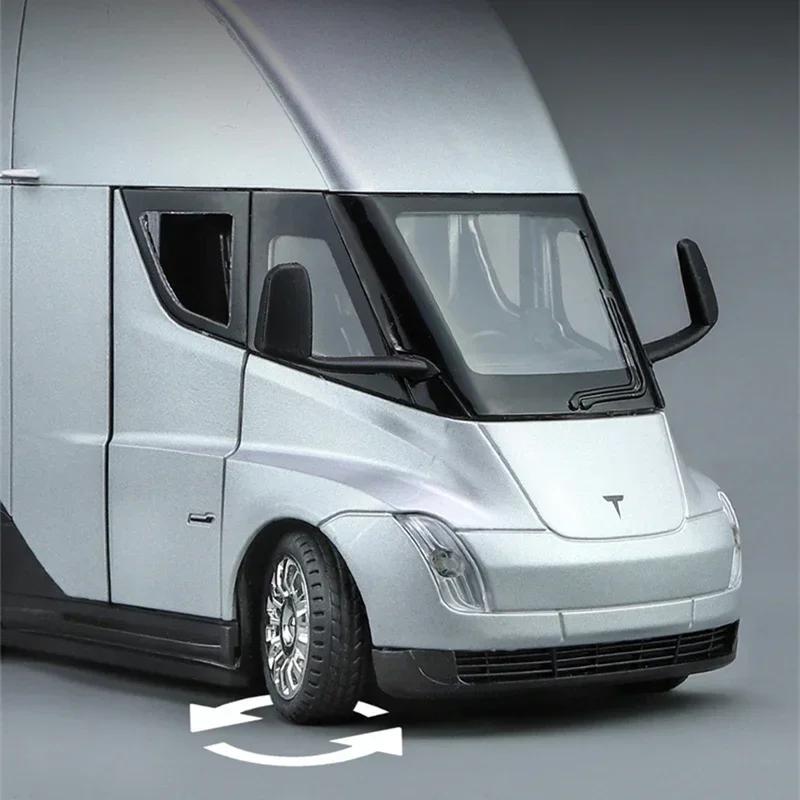 1/24 Tesla Semi Trailer Truck Alloy Diecast Car Model with Sound and Light Pull Back Truck Vehicle Model Boy Collection Gift