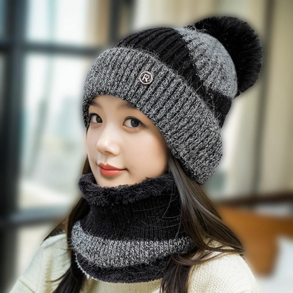 Contrast Color Winter Pullover Cap Plush Ball Beanie Hat Dome Hat Compact Scarf Gifts