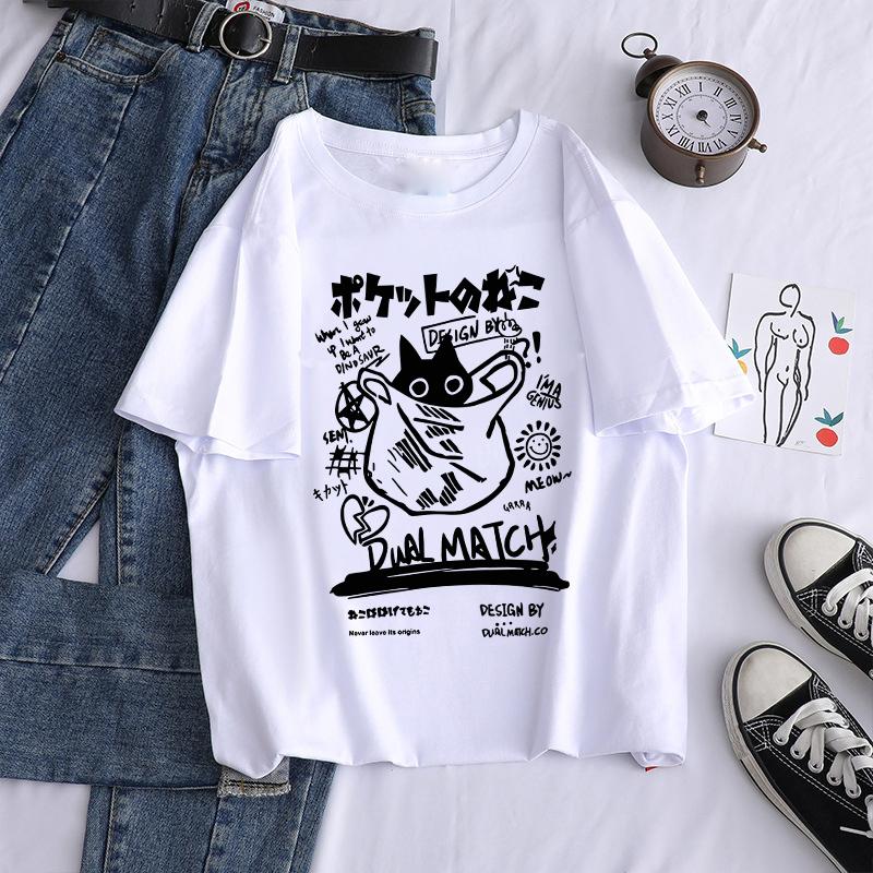 Новые мужские женские мультяшные футболки Харадзюку Каваи Кошка с принтом Футболки с коротким рукавом Парная уличная одежда Y2K Топы Графические футболки