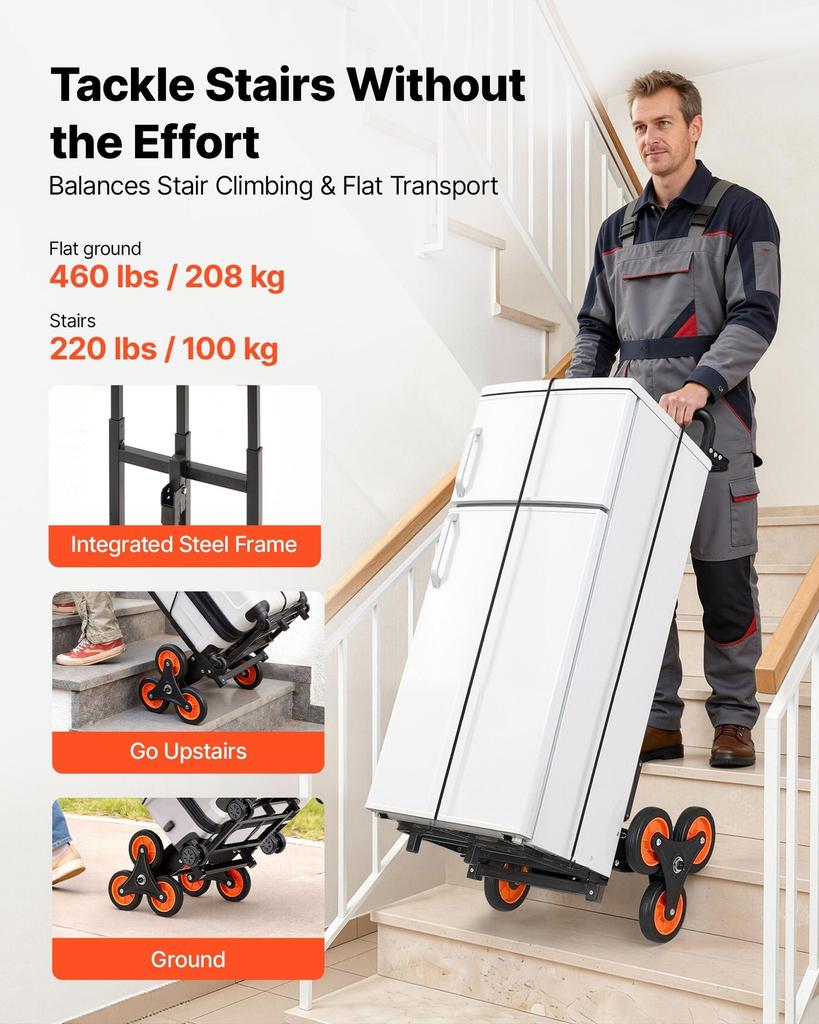 Stair Climbing Cart, 100 kg Stair-Climbing Capacity, Heavy-Duty Folding Trolley Cart with Telescoping Handle, 6 Wheels and 2 Bungee Cords, Stair