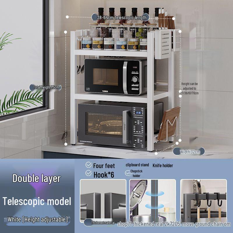 Retractable Floor-standing Microwave Shelf with Adjustable Height and Multi-Layer Storage for Kitchen Organization.