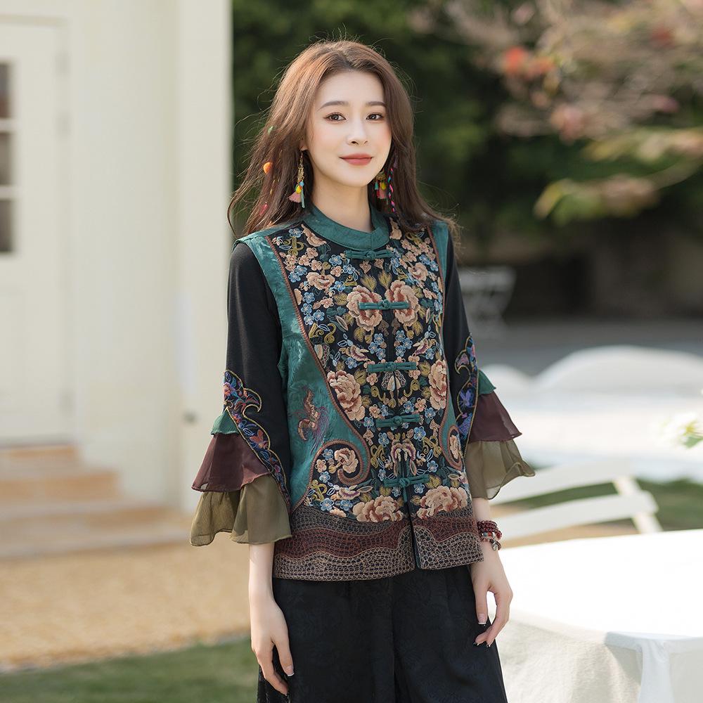 Китайский ретро вышитый жилет на лямках с лягушачьими пуговицами - Кардиган куртка высокого класса
