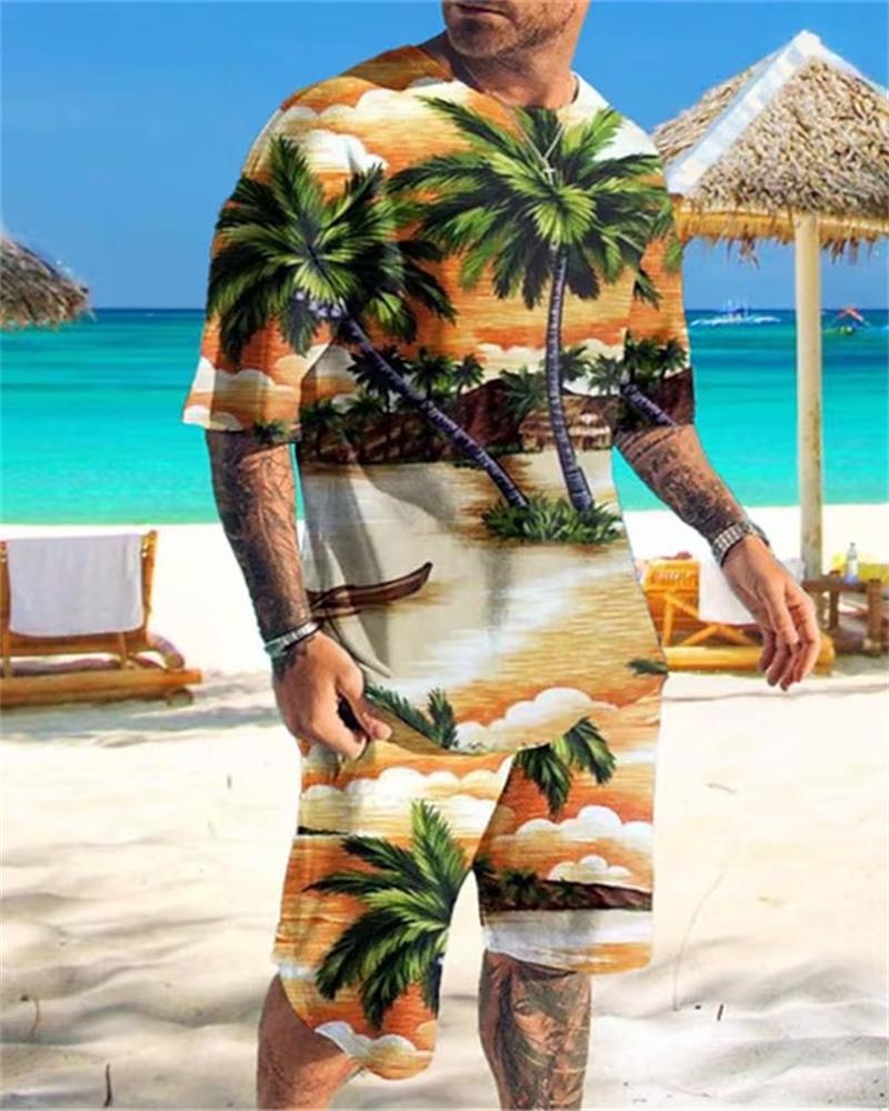 Футболки с принтом Hawaiian Coconut Tree 3D, комплекты с шортами, мужские спортивные костюмы, свободная футболка с коротким рукавом, пляжные шорты, мужские комплекты