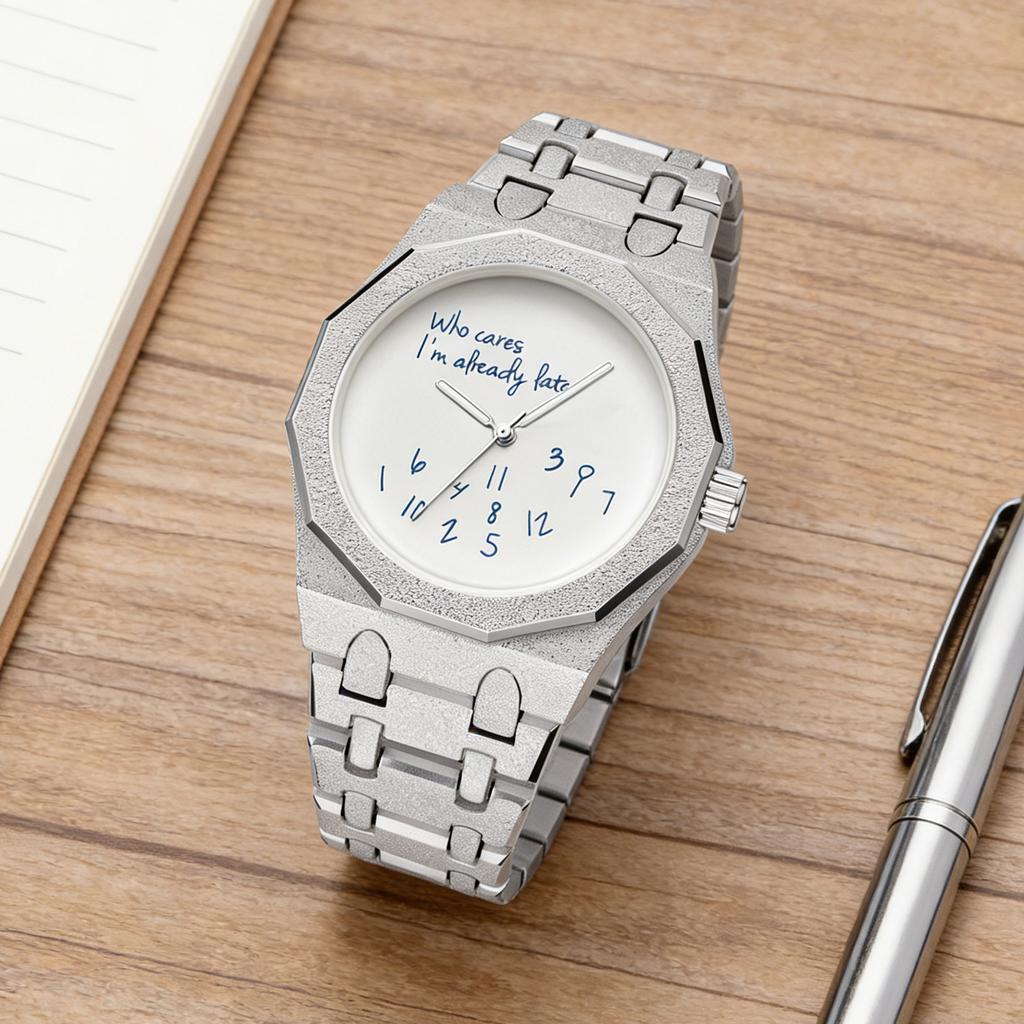 Men's quartz watch, twelve-sided matte black stainless steel strap, round dial design, graffiti digital pattern, wa