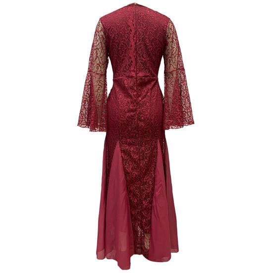 Женское вечернее платье с V-образным вырезом, прозрачной кружевной вышивкой, расклешенными рукавами, бальное платье А-силуэта, подол «рыбий хвост», облегающее коктейльное вечернее платье, выпускной, банкетное платье макси