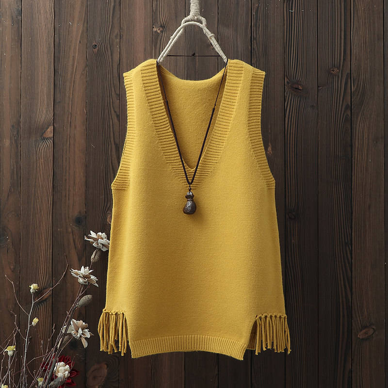 Sweater Vest Women Y2k Hem Fringed Crop Knit Vest Women Vintage Top Loose Pullover Jumper V-neck Solid Waistcoat Spring Autumn