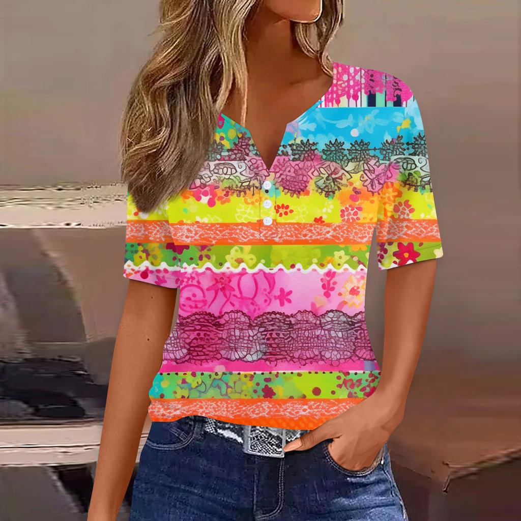 Жен. Футболка С принтом Пуговицы С короткими рукавами Повседневные Выходные Мода Классический Классический V-образный вырез Обычный Топ