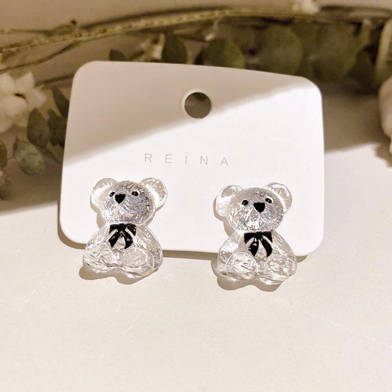 925 Silver Korean Dongdaemun Bear Earrings - Cute, Trendy Design with Transparent Bear Accents for Women