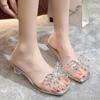 Summer Women's High Heel Sandals Open Toe Square Head Indoor Transparent Slippers Bow Rhinestone Designer Sandals Zapatos Mujer