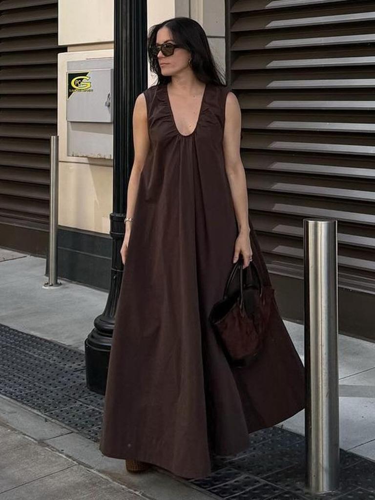 Летнее повседневное платье без рукавов, новое, европейского и американского стиля, из чистого хлопка, для отпуска, с U-образным вырезом, свободное, длинное