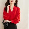 Spring Autumn Elegant Fashion V-neck Red Shirt Women Long Sleeve Casual All-match Chiffon Blouse Top