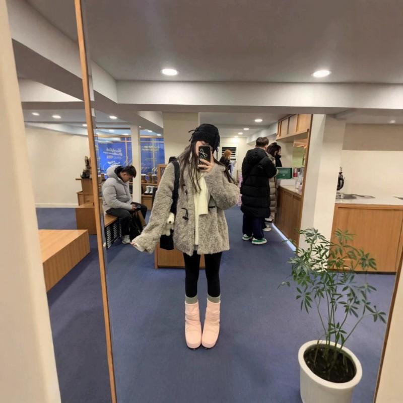 Womens Faux Leather Fleece Lined Stand Collar Mid-Length Coat Winter Warm Outerwear Street Style