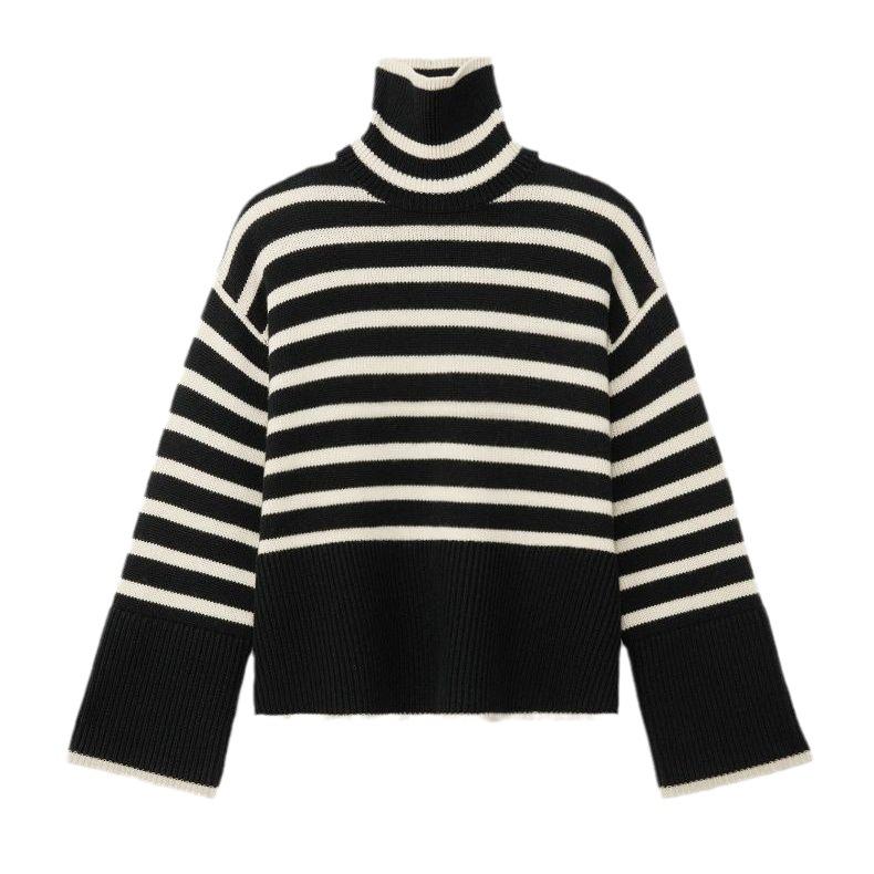 Водолазка в черно-белую полоску, женский вязаный свитер, свободный пуловер, теплый свитер на весну и осень