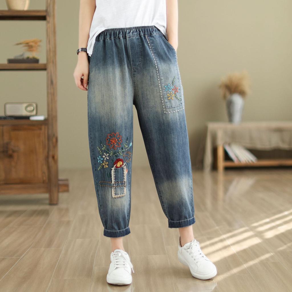 Весна/лето Новые повседневные брюки-харен для женщин Вышитые женские укороченные брюки Свободные джинсы для женщин