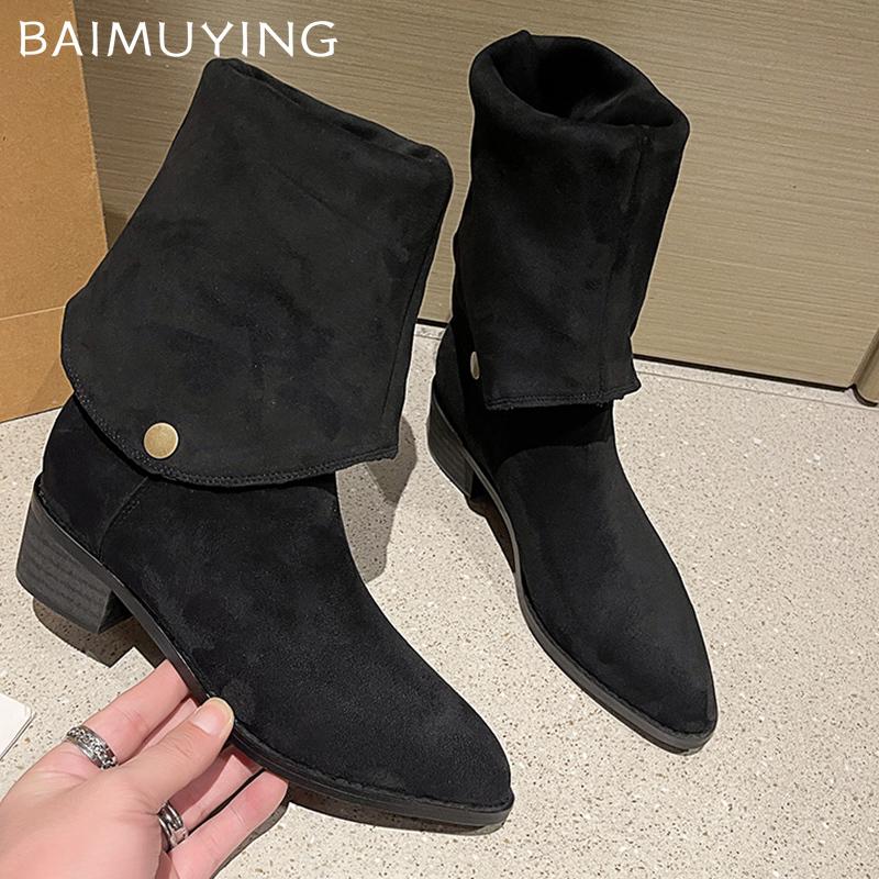 Женские высокие ботинки с острым носком, замшевые, на среднем каблуке, дизайнерские, зимние, массивные ботинки челси, тренд 2024, туфли-лодочки, готические ботинки для женщин
