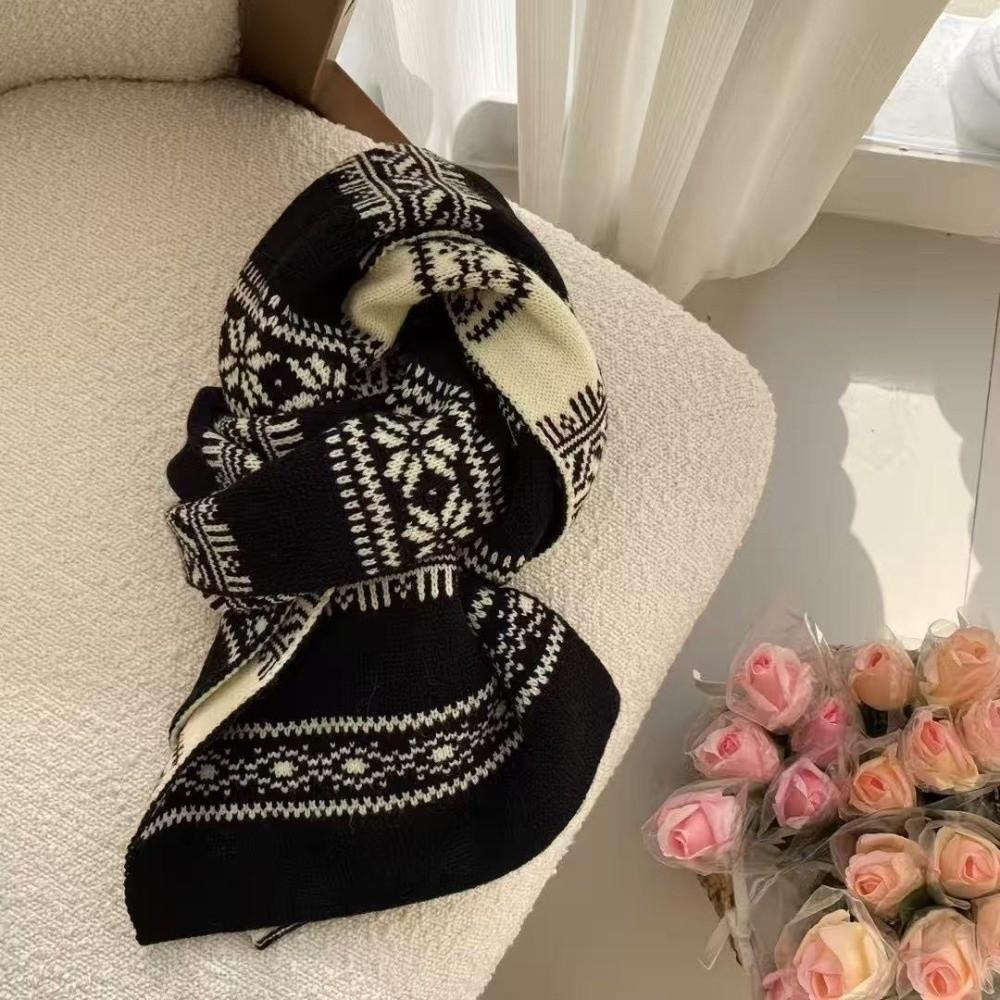 Thick Knit Fabric Double Sided Scarf Retro Jacquard Pattern Neck Warmer Shawl Fall Season Use