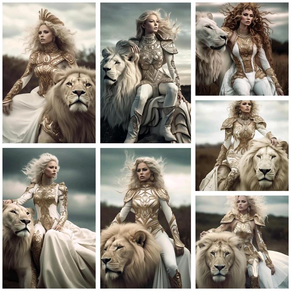 DIY Diamond Painting New Arrival 2023 Mosaic Handsome Women and Lions Cross Stitch Kit Rhinestone Embroidery Full Drill