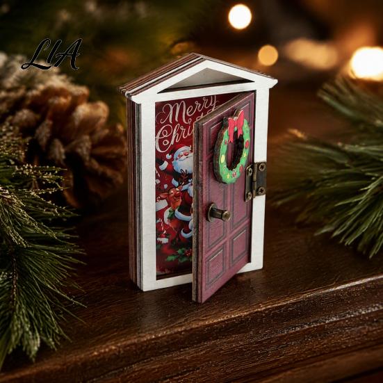 Christmas Party Supplies Elf Door Fridge Magnet with LED Light, Wooden Magnetic Decorations Refrigerator Magnet, Openable Mini Decoration for Holiday