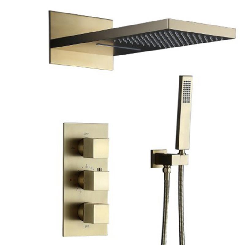 Термостатический смеситель для душа в ванной комнате, встраиваемый в стену, матовый золотой смеситель для ванны и душа, термостатический смеситель для ванны и тропического душа