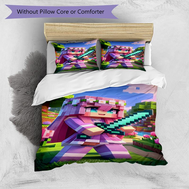 3pcs Duvet Cover Set (1*Duvet Cover + 2*Pillowcase, Without Core),Sandbox game Print Bedding Set, Bedroom Decor, All‑Season, Birthday Gift