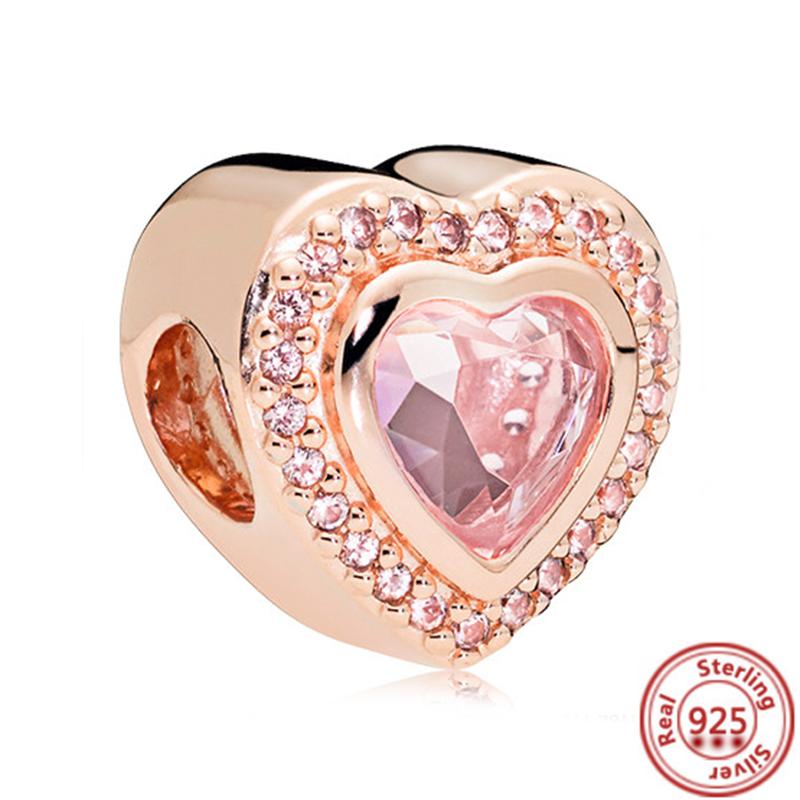 Hot Sale Rose Gold Series Pink Zircon Leaves Heart Pendant Sparkling Clip Bead Fit Charm Bracelet DIY S925 Silver Jewelry