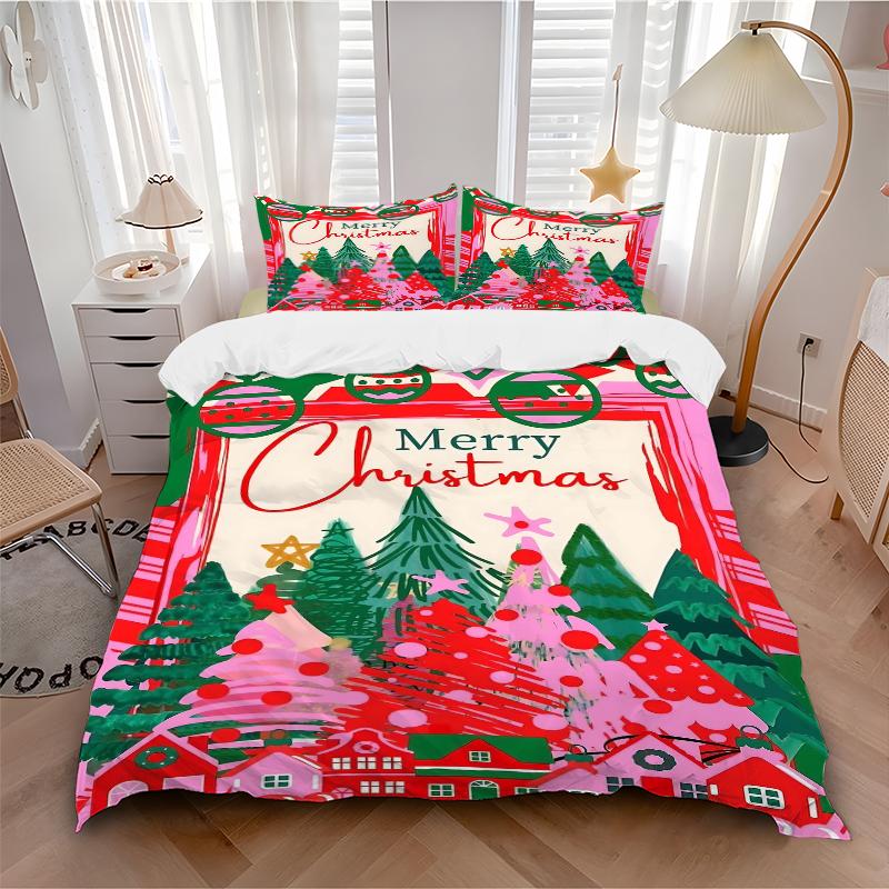 3Pcs Christmas Village Scene Bedding Set Quilt Cover Pillowcase Home Christmas Halloween Gift 1 Duvet Cover 2 Pillowcase S183