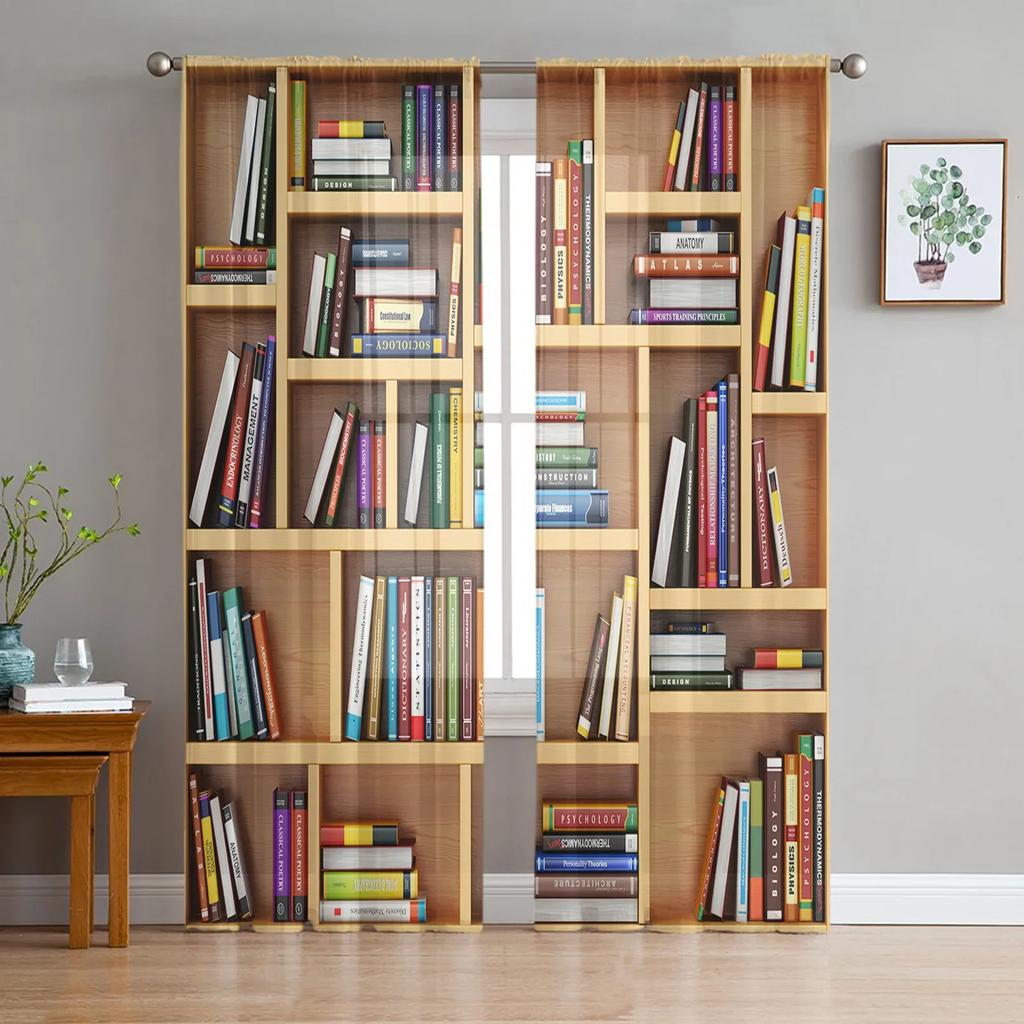 Cartoon Bookshelf Sleeping Cat Tulle Sheer Curtains for Living Room Decoration Window Curtain for Bedroom Voile Organza Drapes