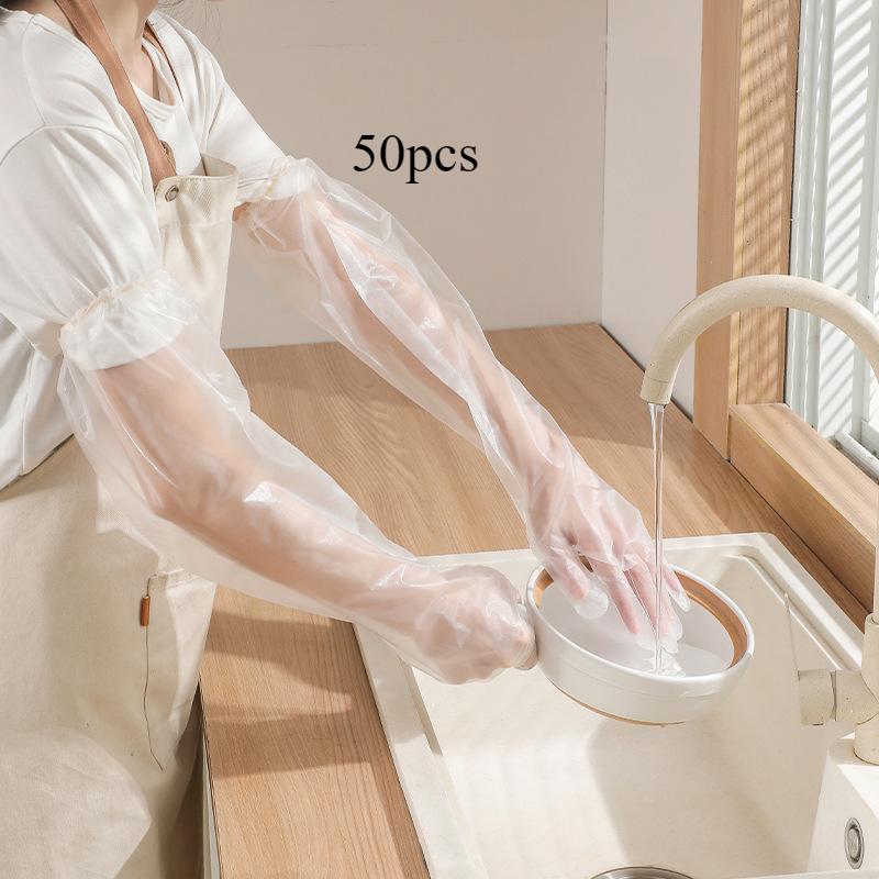 50pcs Household Gloves Disposable Extended Thick Drawstring Waterproof Food - Grade Kitchen Dishwashing Cleaning Long - Arm Gloves