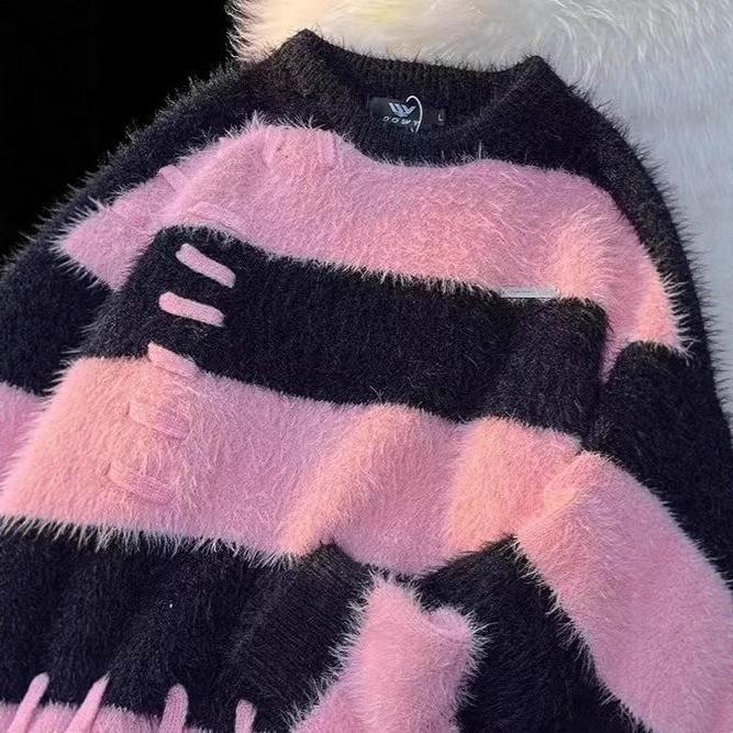 Unisex Striped Mink Velvet Sweater: Japanese Retro College Style