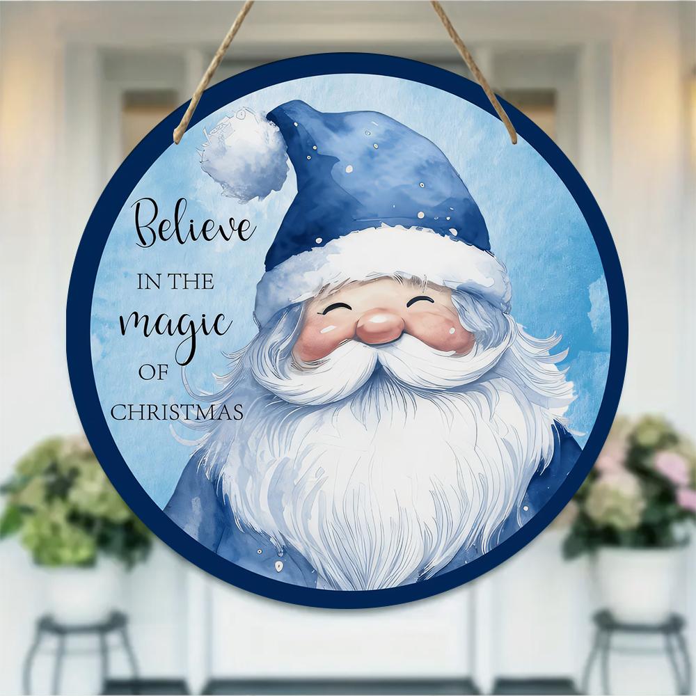 Watercolor blue Santa Claus pattern Round Wooden Hanging Plaque festive wall sign door hanging ornament home indoor Christmas decoration
