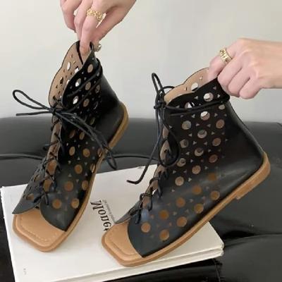 Модные дизайнерские сандалии-гладиаторы на плоской подошве, женские, модные, мягкие, с перфорацией, римские, повседневные, летние, сексуальные, с открытым носком, ботильоны на низком каблуке