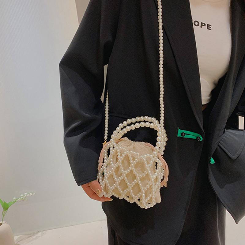 Yogodlns Сумочка в стиле французского ретро, тканая из феи, сумка-мешок из бисера, сумка через плечо, летняя нишевая дизайнерская сумка с выдолбленным жемчугом