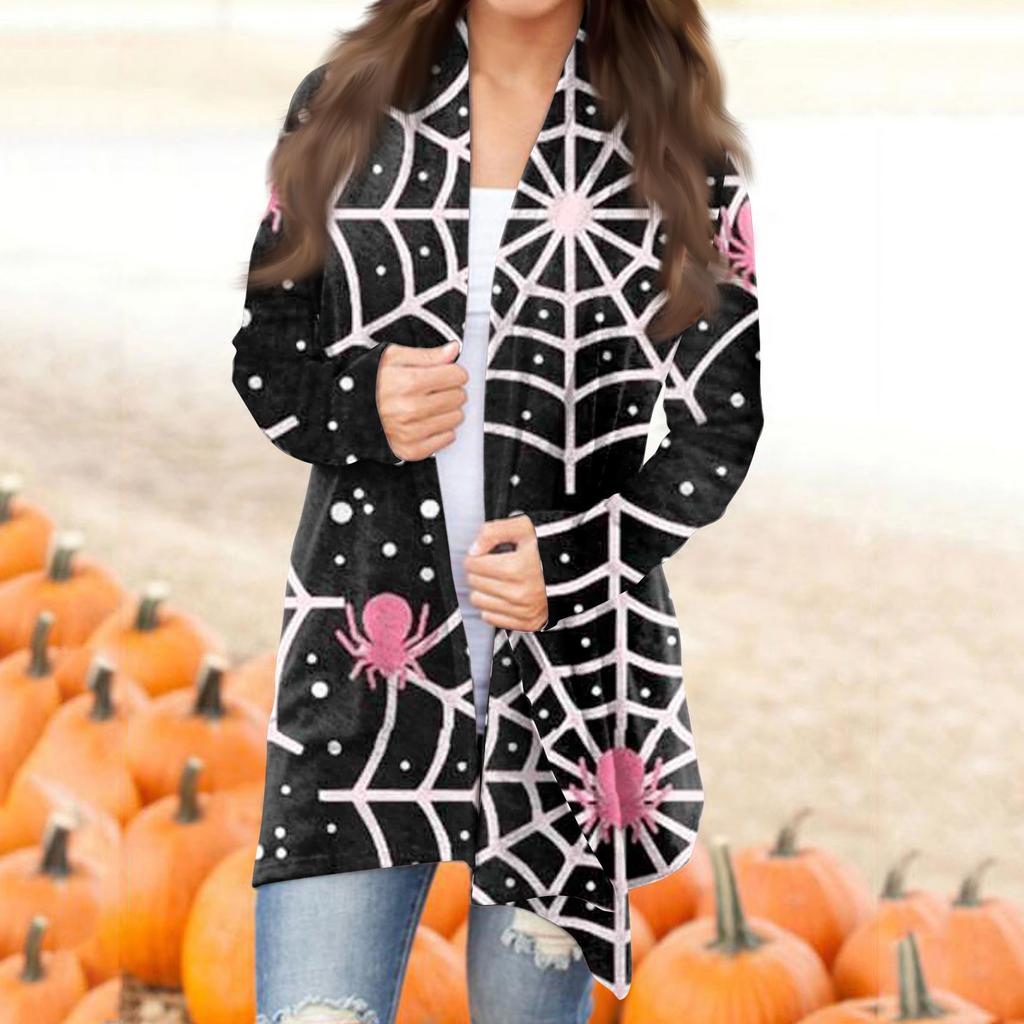 Женская мода, повседневный кардиган с принтом на Хэллоуин, средней длины, с длинными рукавами, пальто