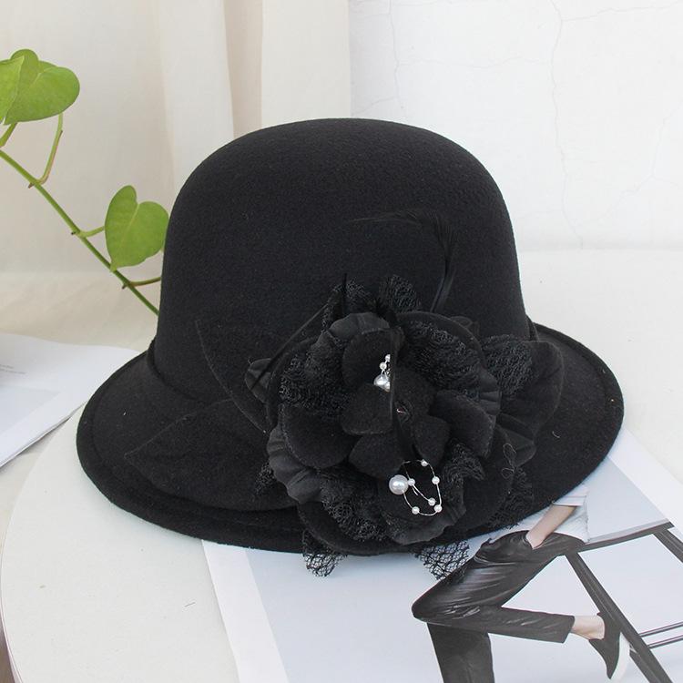 Bucket Hat Female British Retro Feather Flower Woolen Top Hat Elegant Felt Hat Pot Hat