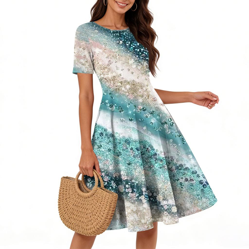 Женское повседневное платье с принтом, круглым вырезом и длинным рукавом