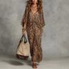 Spring Autumn Leopard Print V-neck Waistcinched Plus Size Long Dress for Women, European American Crossborder Fashion