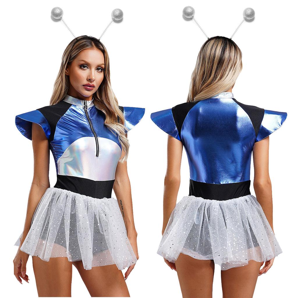 Womens Space Cadet Costume Fly Sleeve Front Zip Sequined Tulle Skirt Boyshorts Spaghetti Jumpsuit with Silver Hair Hoop Headband for Alien Astronaut