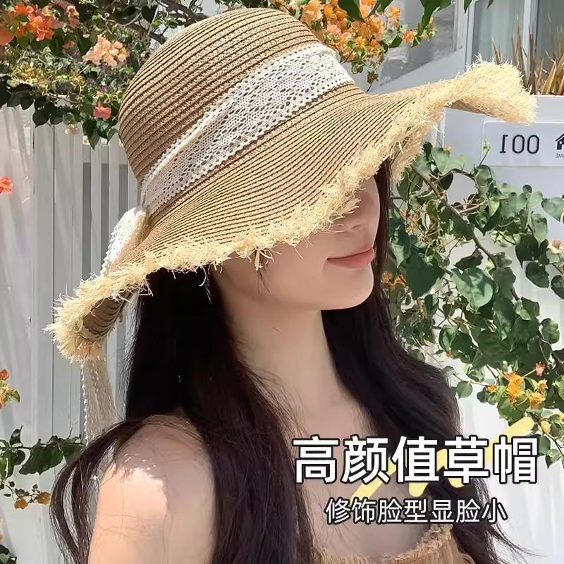 Lace Bow Straw Hat Women's Summer Seaside 2024 New Sunscreen Hat French Fashion Big Brim Sun Hat