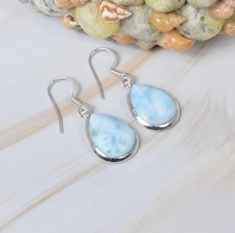 Серьги с драгоценными камнями Ларимар, серебряные серьги 925 пробы, женские серьги, висячие серьги, подарок для нее, ювелирные изделия ручной работы