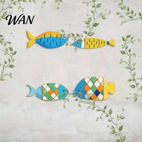 Beach Themed Wall Decor 4 Pcs Wooden Fish Nautical Rustic Coastal Ocean House Art Vintage Lake Hanging Sculpture for Bedroom Living Room