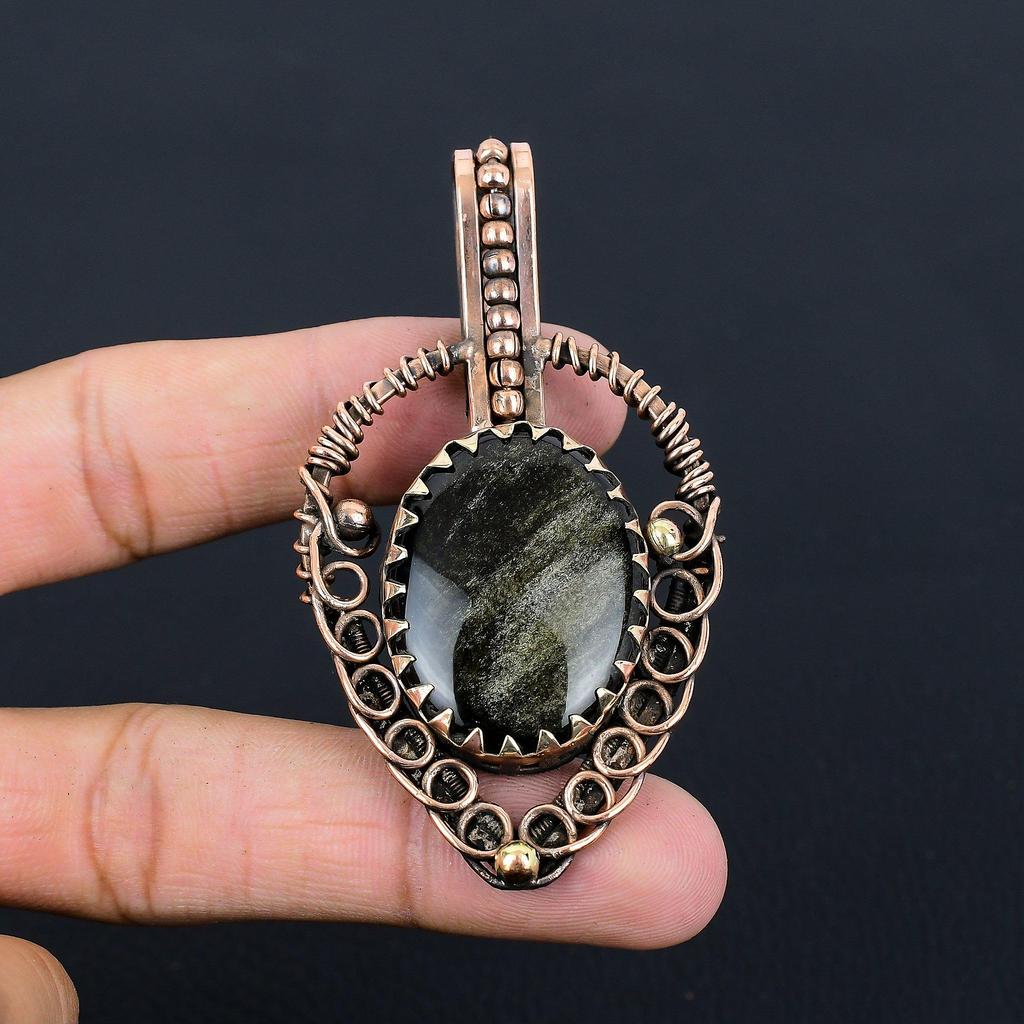 Silver Sheen Obsidian Gemstone Handmade Jewelry Pure Copper Wire Wrapped Pendant