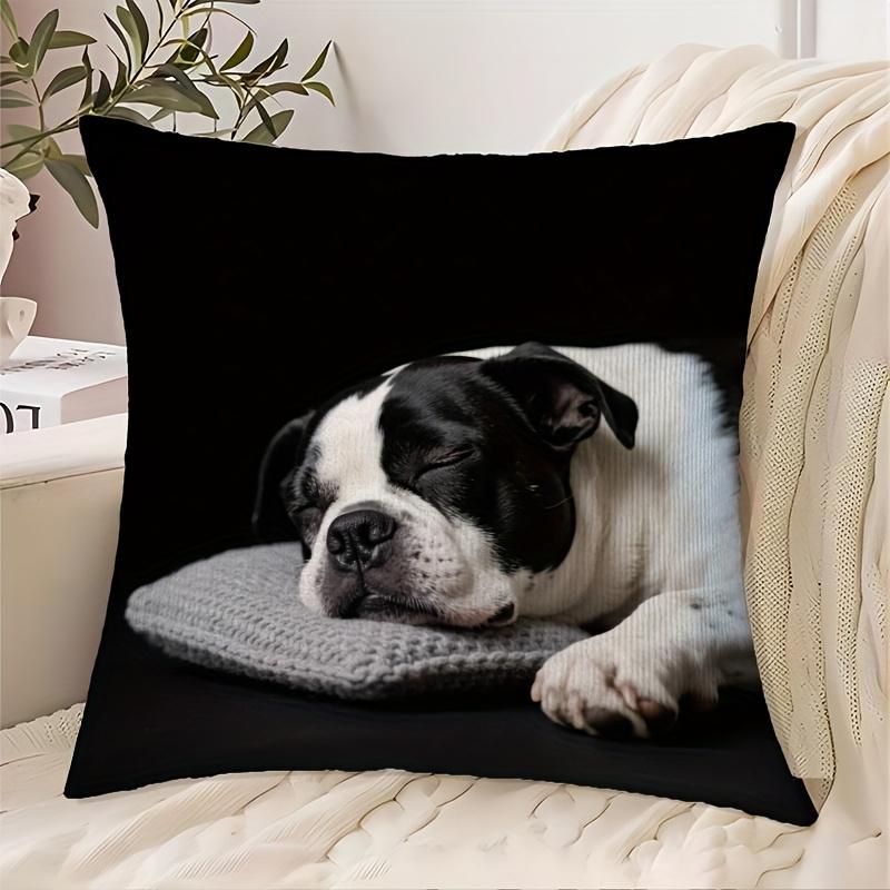 1pc Pillowcase, Sleeping Boston Terrier Print, 2D Flat Printing, Single-Sided Print, No Pillow Insert, 17.72 X 17.72 Inches (45 X 45cm), Not Real Embr