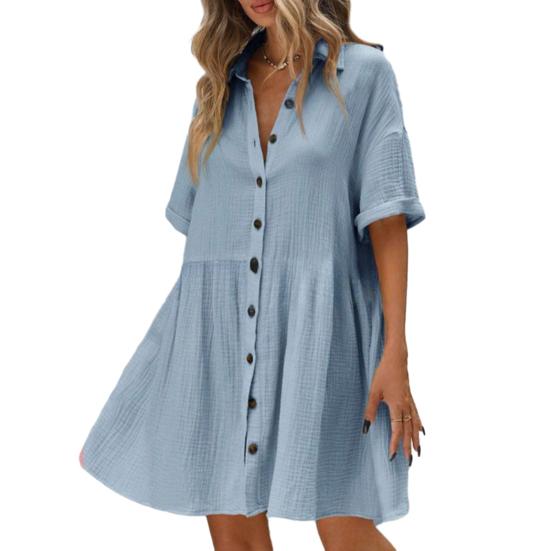 Женское платье-рубашка с коротким рукавом, лацканами, V-образным вырезом, на пуговицах, расклешенное